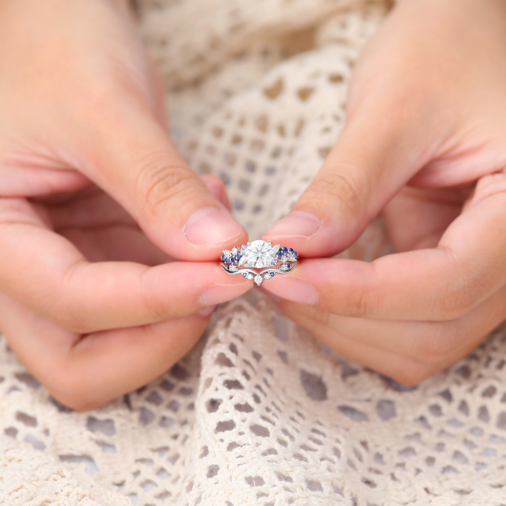 Juyoyo Round Cut Moissanite Bridal Ring Set Sapphire & Tanzanite Accented Engagement Ring