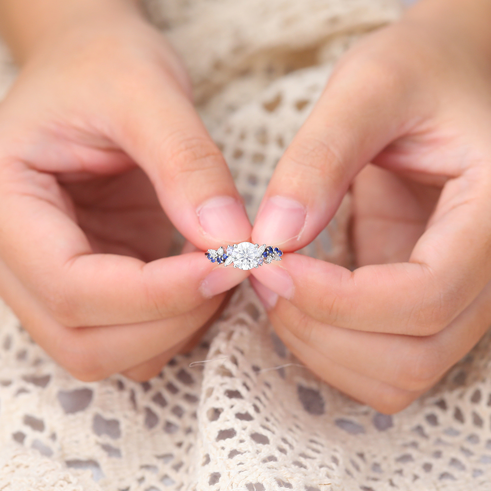 Juyoyo Vintage Moissanite & Tanzanite & Sapphire Engagement Ring in 14K White Gold