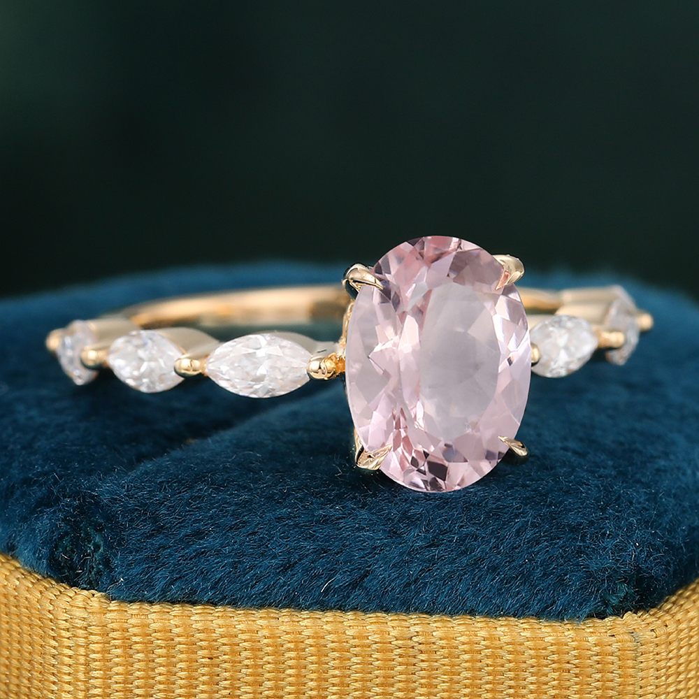Oval Cut Morganite Engagement Ring with Marquise Moissanite Accents