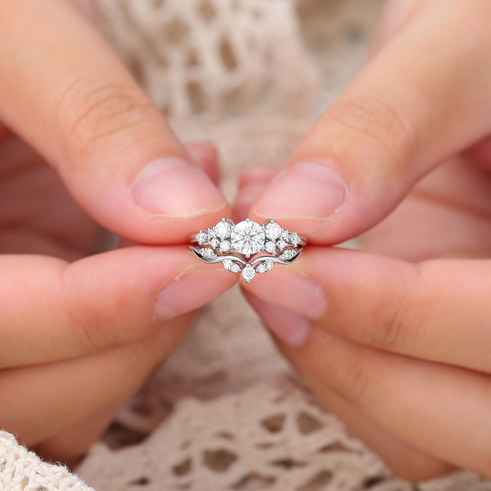 Round Cut Moissanite Engagement Ring Set Vintage Diamond Cluster Wedding Ring Set White Gold