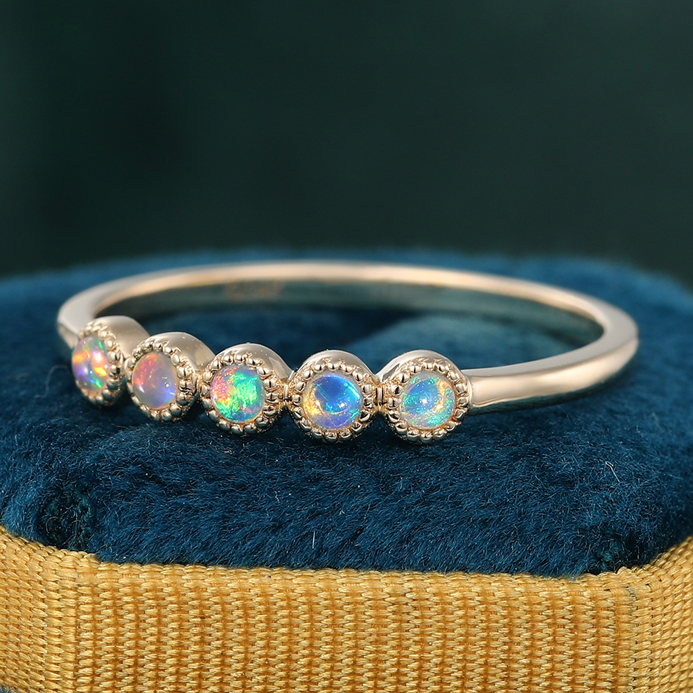 Exquisite 14K Yellow Gold Bezel Opal Wedding Band Anniversary Stacking Ring