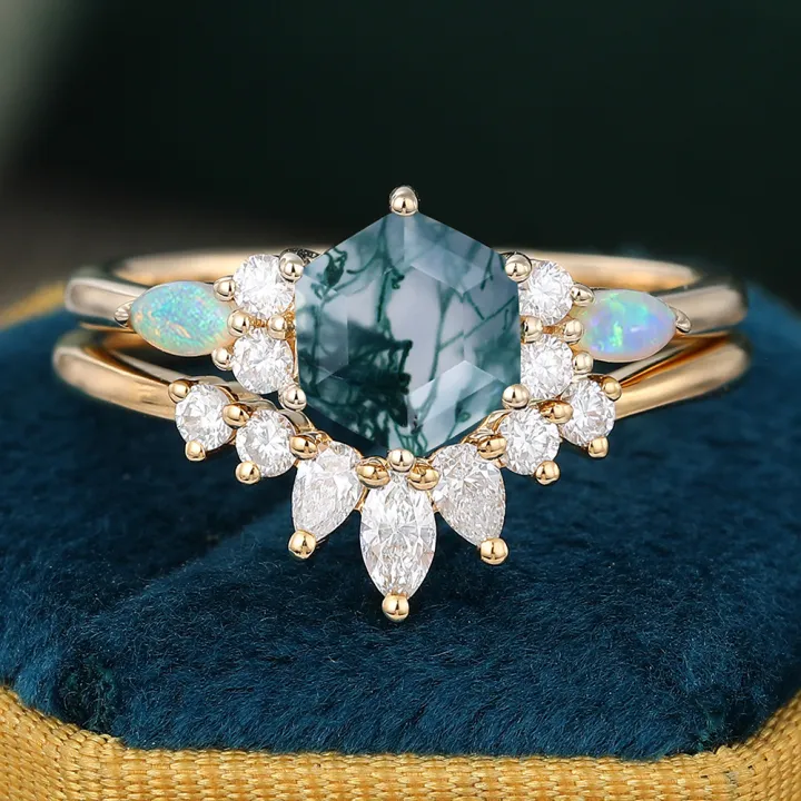 14K Yellow Gold Hexagon Cut Moss Agate Wedding Ring Set - 2pcs Bridal Ring Set