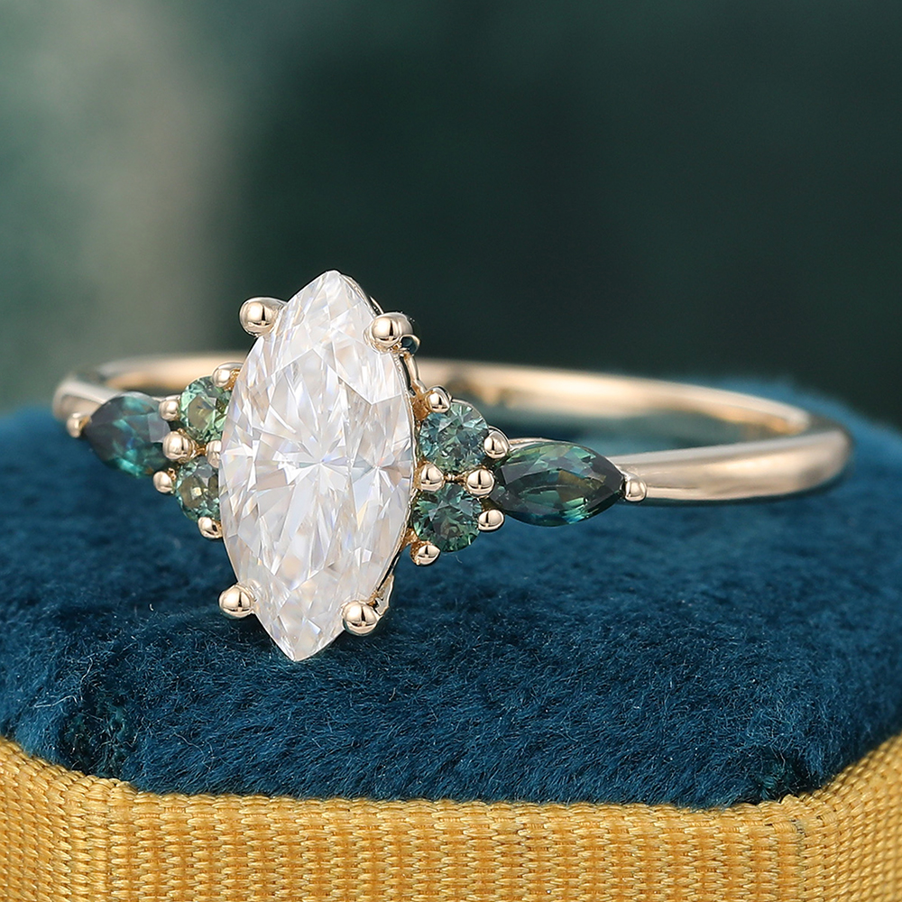 Moissanite & Green Blue Sapphire Engagement Ring Yellow Gold Cluster Bridal Ring for Women