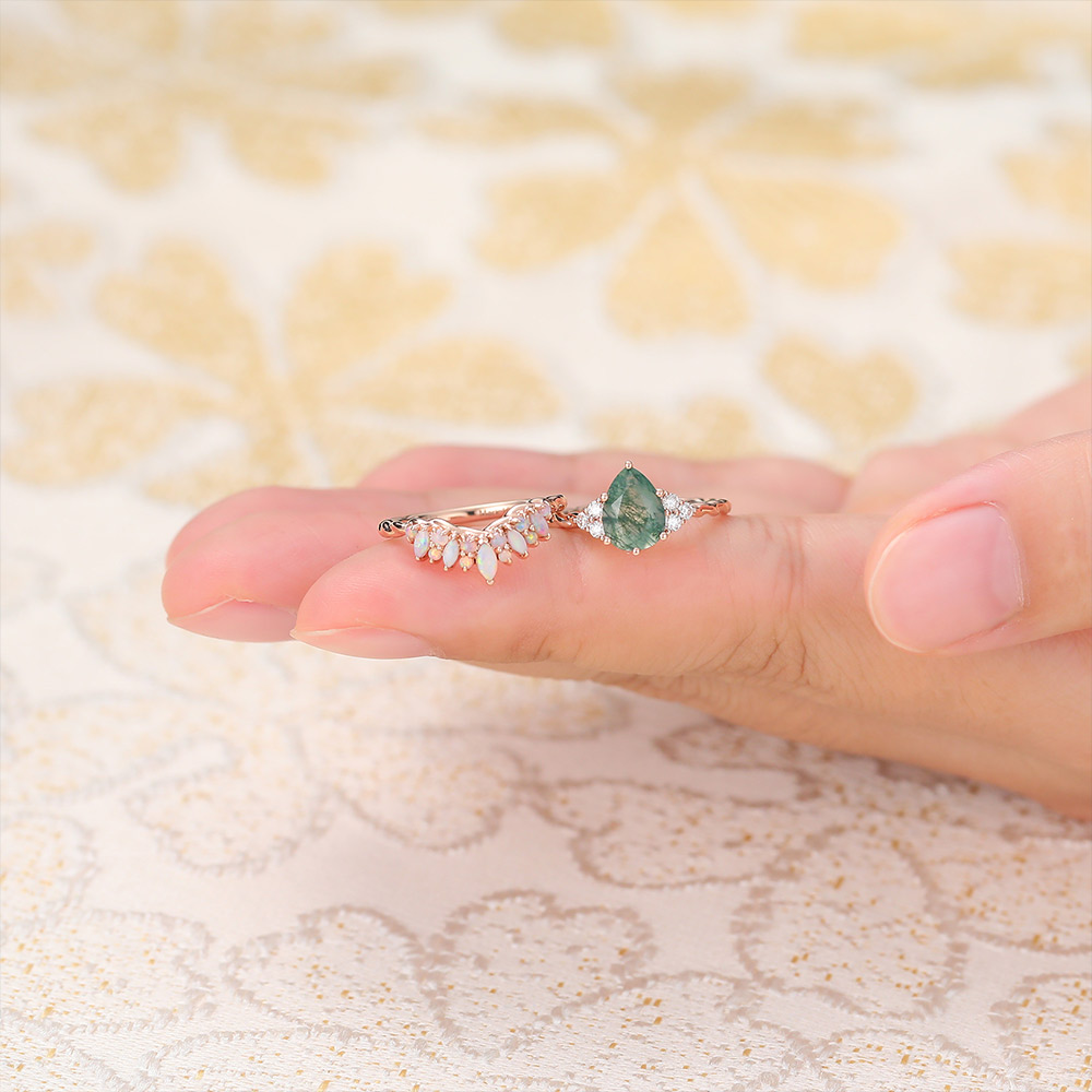 Juyoyo Pear Moss Agate Engagement Ring and Opal Wedding Band