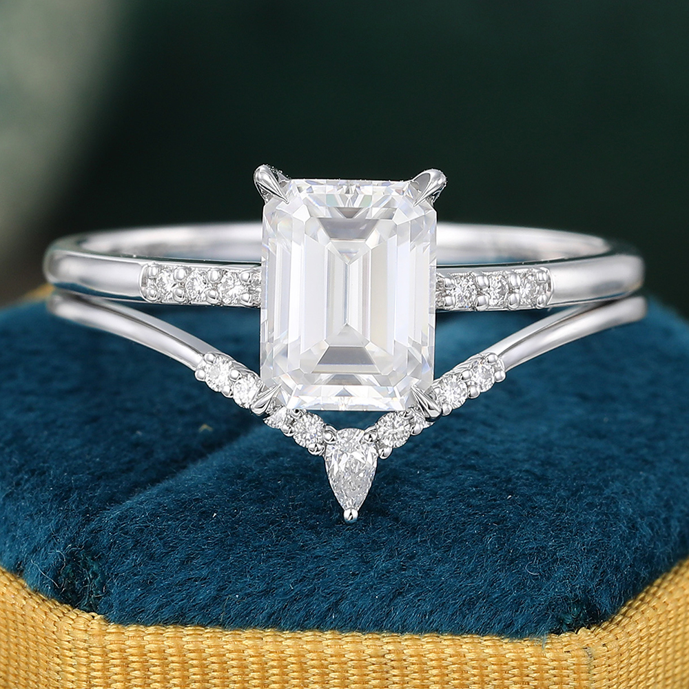 Vintage Emerald Cut Moissanite Engagement Ring Set Solid 14K White Gold Bridal Set - 2pcs