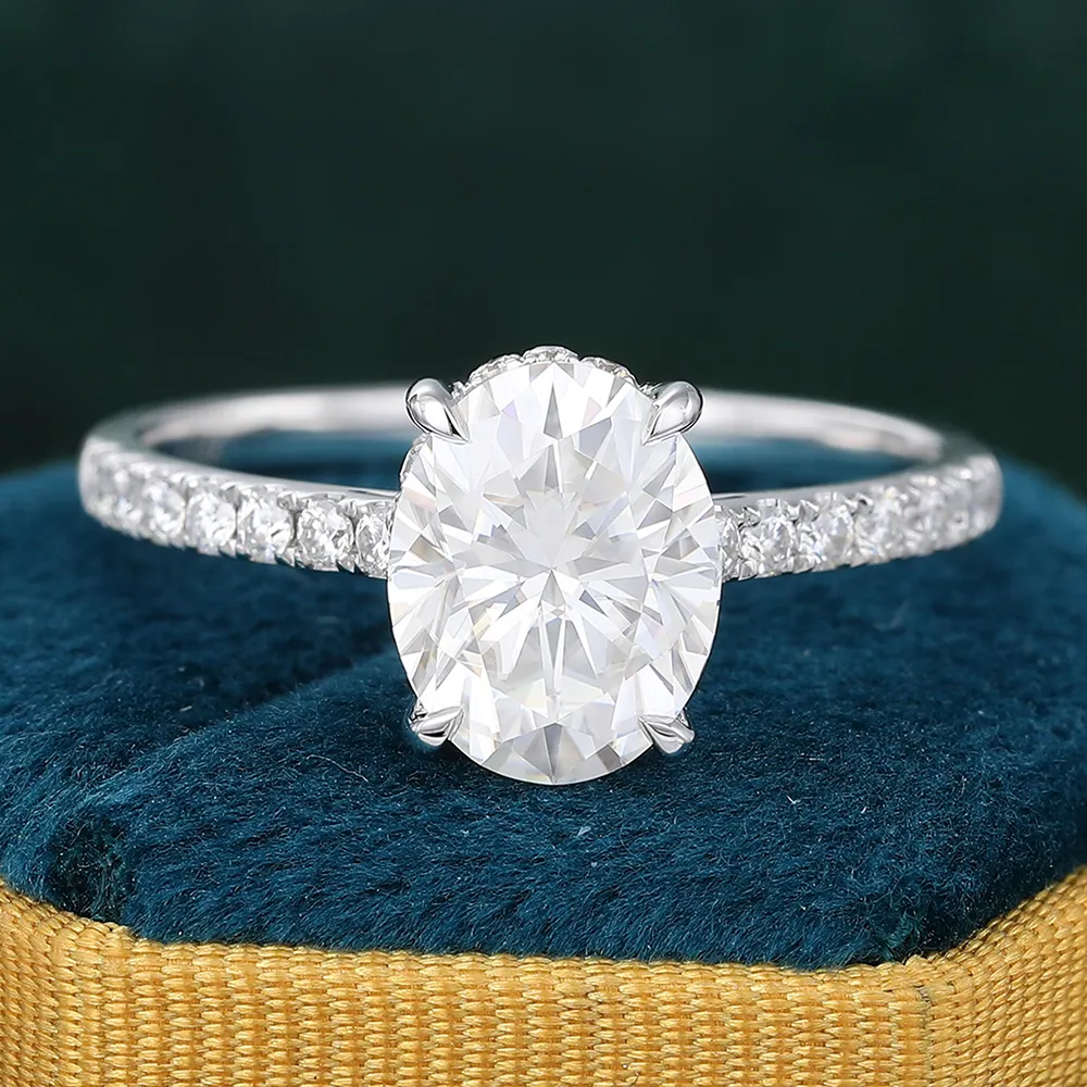 Moissanite Hidden Halo Engagement Ring 4 Claw Prongs Wedding Anniversary Promise Ring