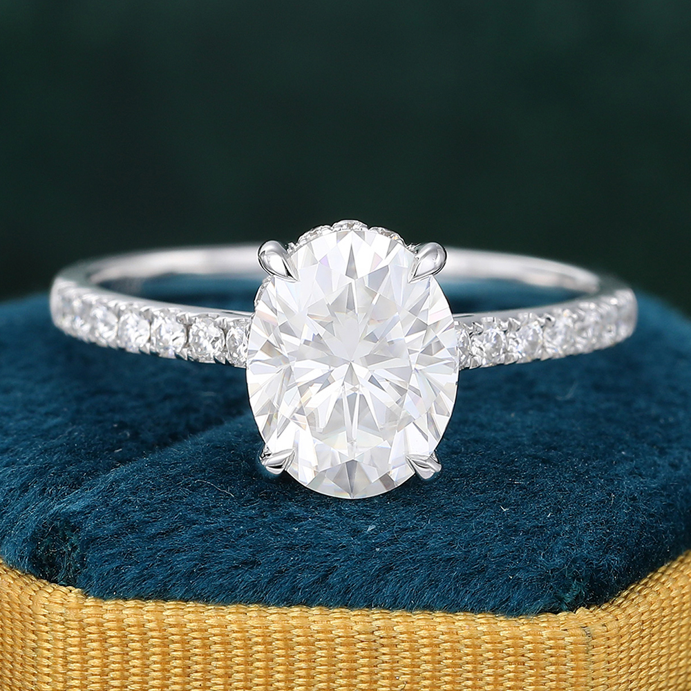 Moissanite Hidden Halo Engagement Ring 4 Claw Prongs Wedding Anniversary Promise Ring