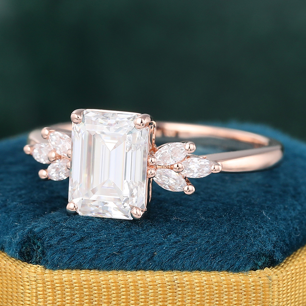 Juyoyo Vintage Emerald Cut Moissanite Engagement Ring Diamond Accents Bridal Ring