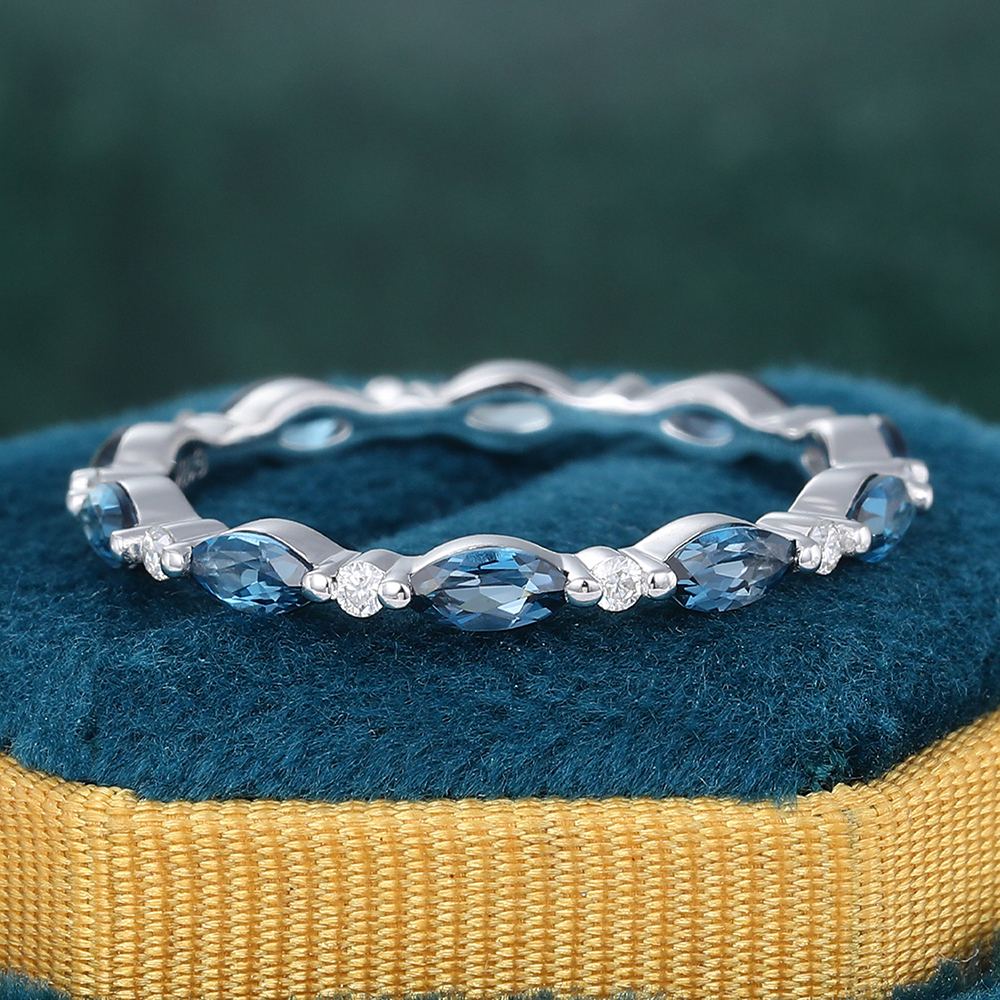 Juyoyo Marquise Cut London Blue Topaz White Gold Stacking Eternity Wedding Band