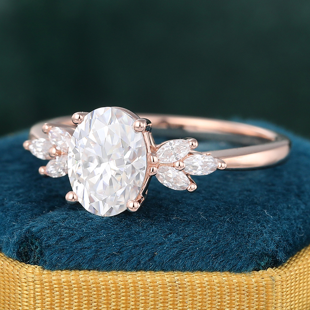 Juyoyo Rose Gold Oval Cut Moissanite Engagement Ring Diamond Accents Women's Bridal Ring