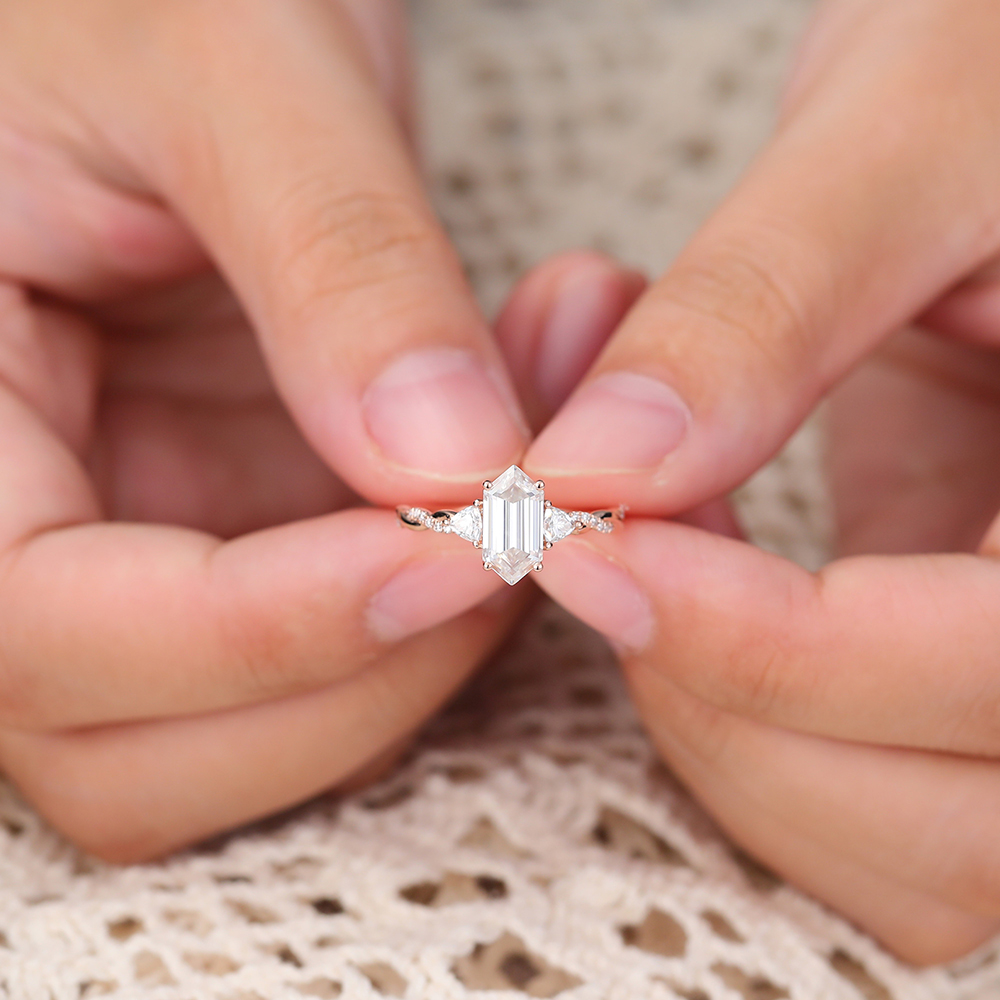 Juyoyo Elongated Hexagon Cut Moissanite Twisted Engagement Ring Rose Gold Bridal Ring