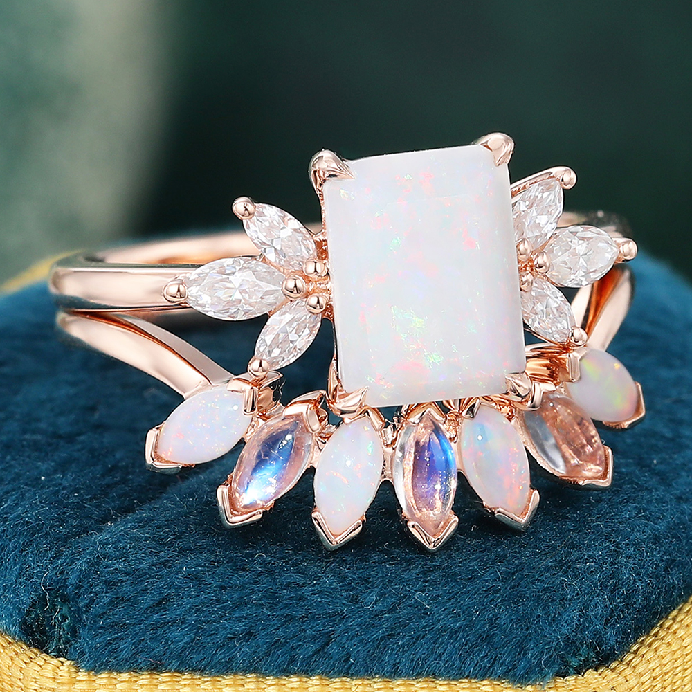 Emerald Cut Opal Bridal Ring Set with Moonstone Wedding Band Set in 14K Rose Gold - 2pcs