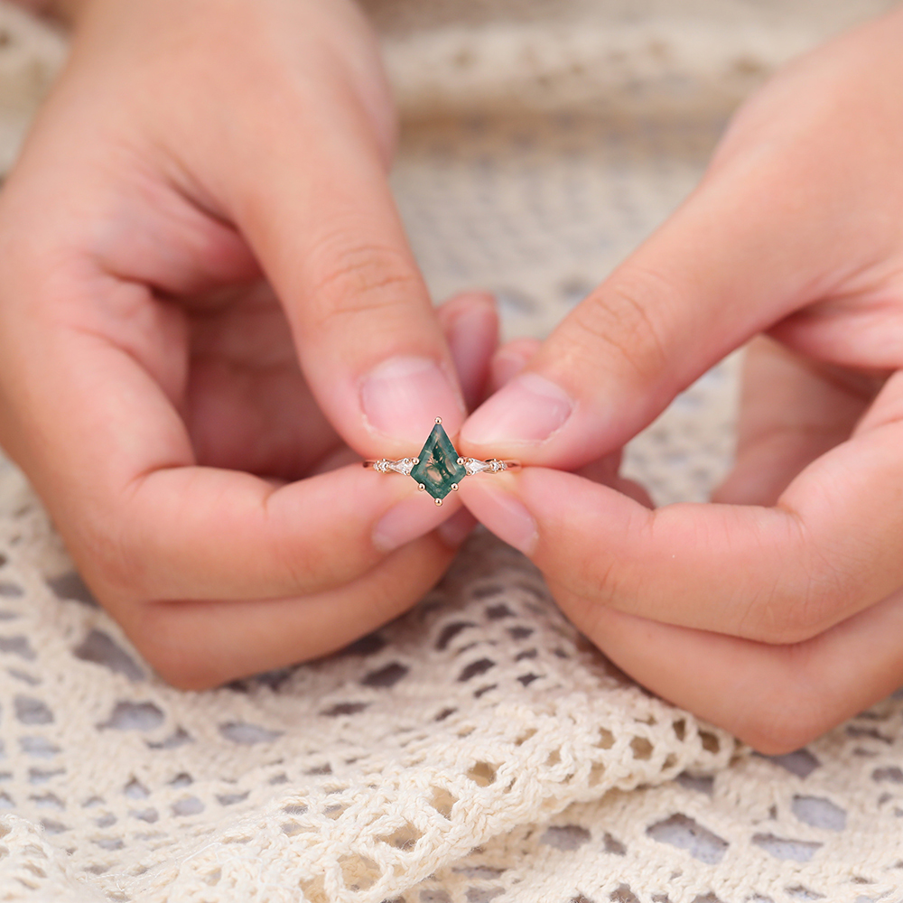 Kite Cut Moss Agate Engagement Ring with Diamond Accents in Rose Gold