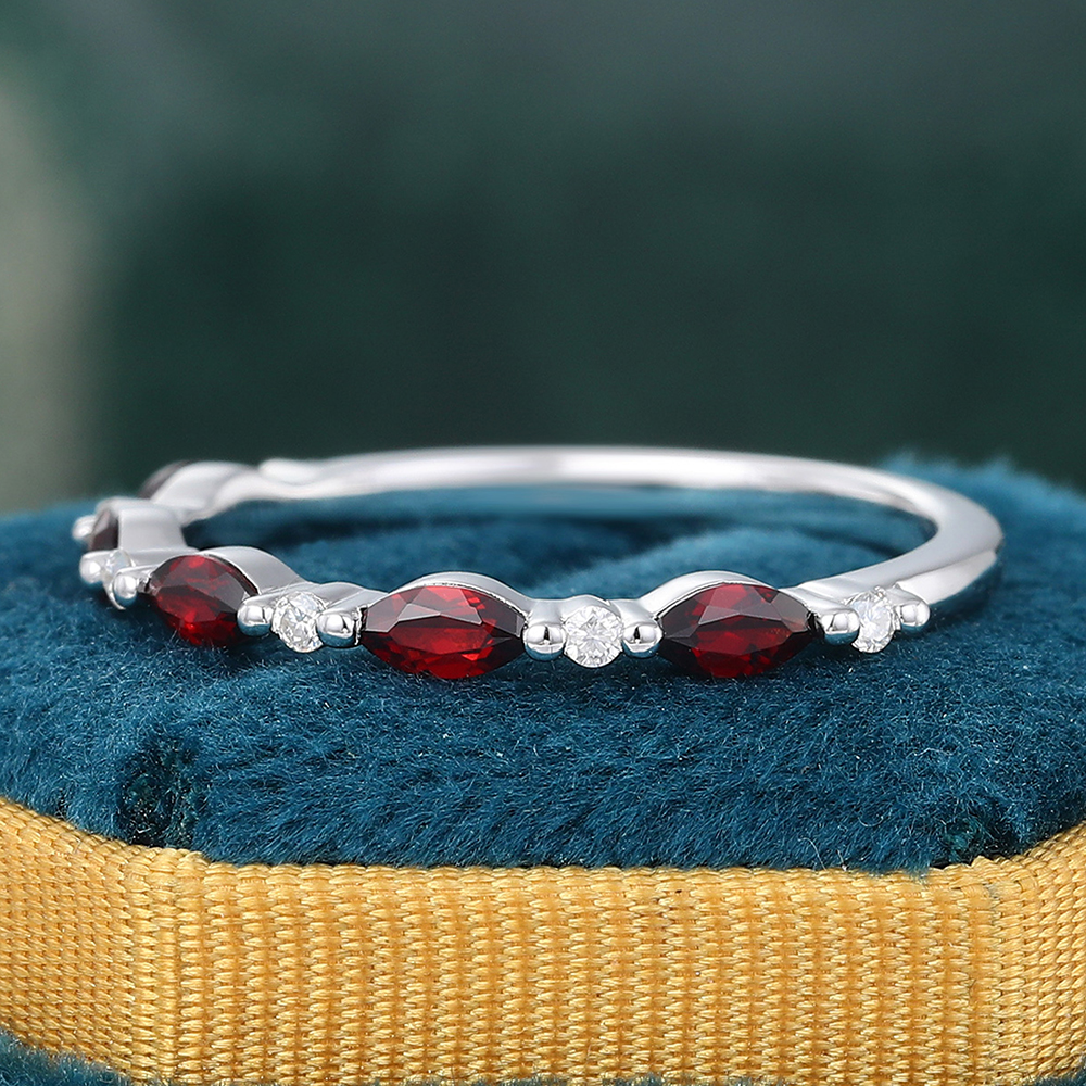 Juyoyo Marquise Cut Garnet White Gold Stacking Half Eternity Wedding Band