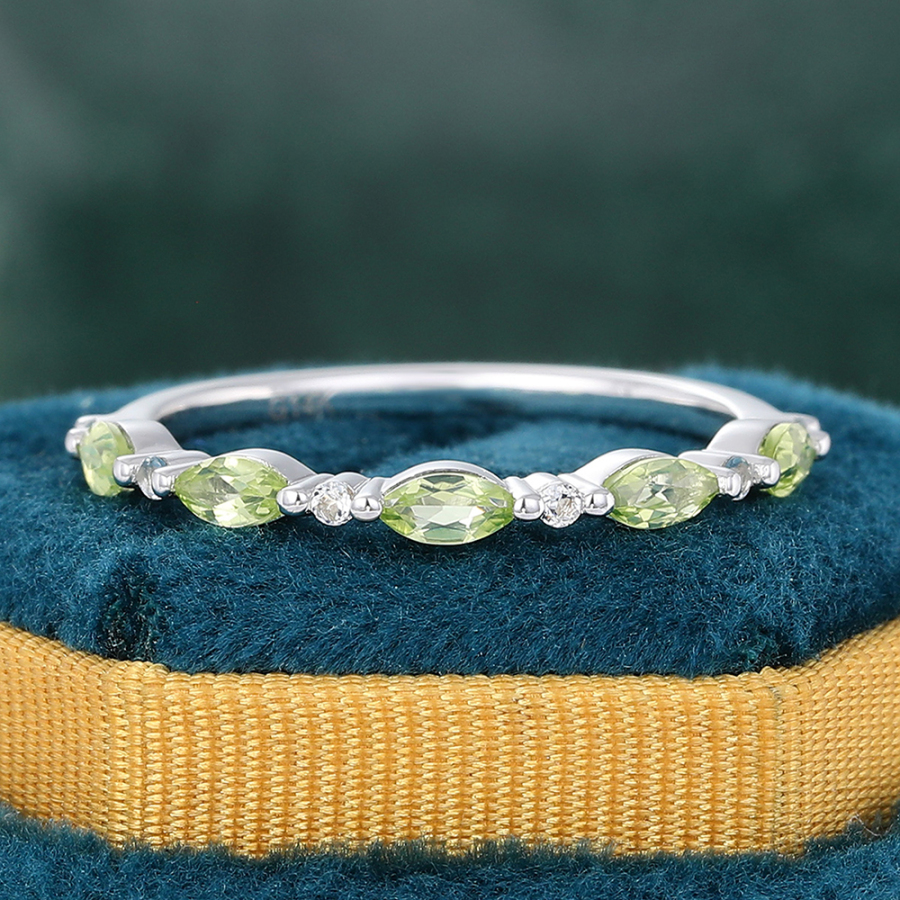 Marquise Cut Peridot White Gold Stacking Half Eternity Wedding Band