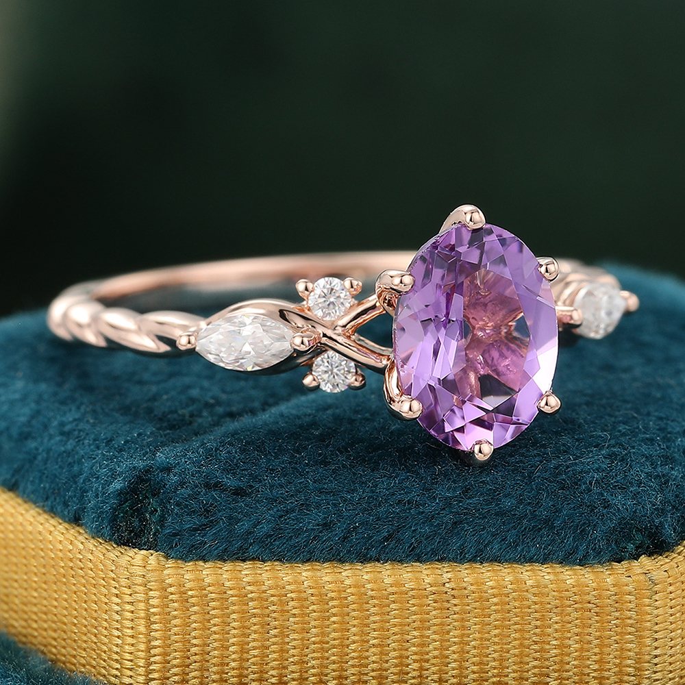Juyoyo 1.4ct Oval Purple Amethyst & Diamond Engagement Ring Vintage Twist Ring in 14K Rose Gold
