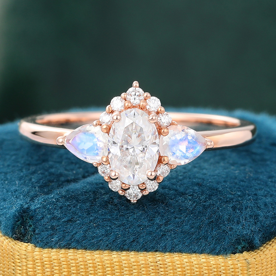 Oval Cut Moissanite Rose Gold Moonstone Engagement Ring