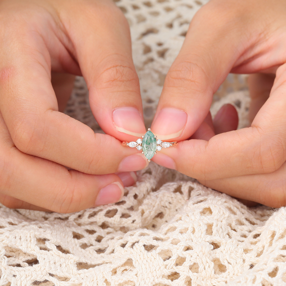 Juyoyo Marquise Cut Moss Agate Ring Twisted Rose Gold