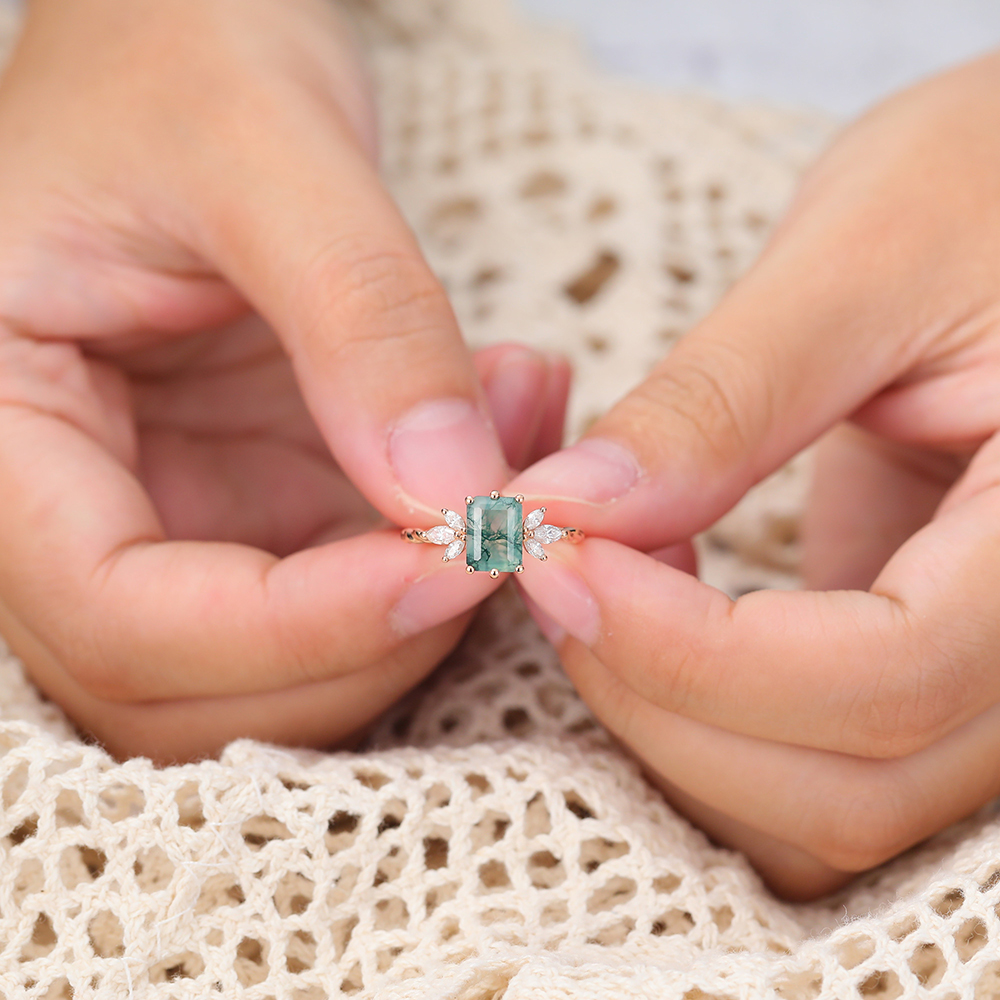 Nature Inspired Emerald Cut Moss Agate Twisted Ring with Moissanite Accents