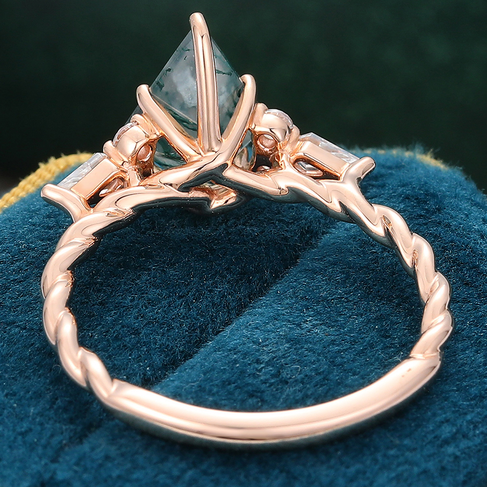 Kite Shaped Moss Agate Twisted Engagement Ring