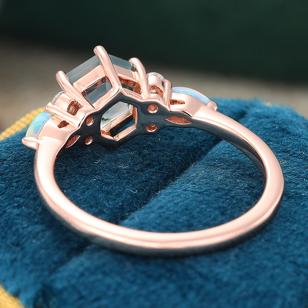 Juyoyo Vintage Hexagon Cut Moss Agate Ring Rose Gold