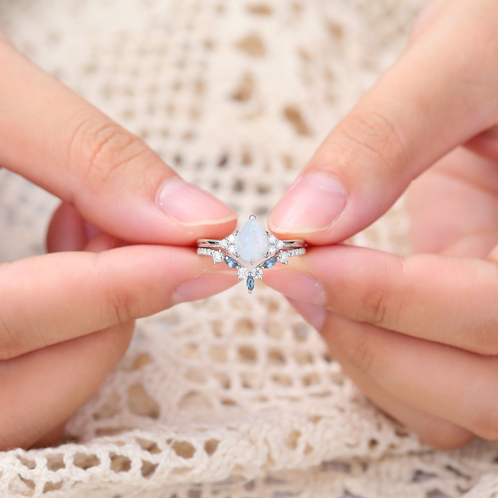 Pear Opal Engagement Ring with Match Curved Diamond & Alexandrite Wedding Band - 2pcs Bridal Ring Set