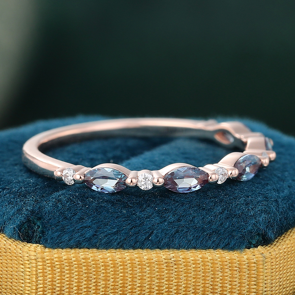 Juyoyo Marquise Cut Alexandrite Rose Gold Stacking Half Eternity Wedding Band