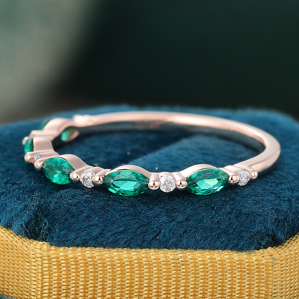 Juyoyo Marquise Cut Emerald Rose Gold Stacking Half Eternity Wedding Band