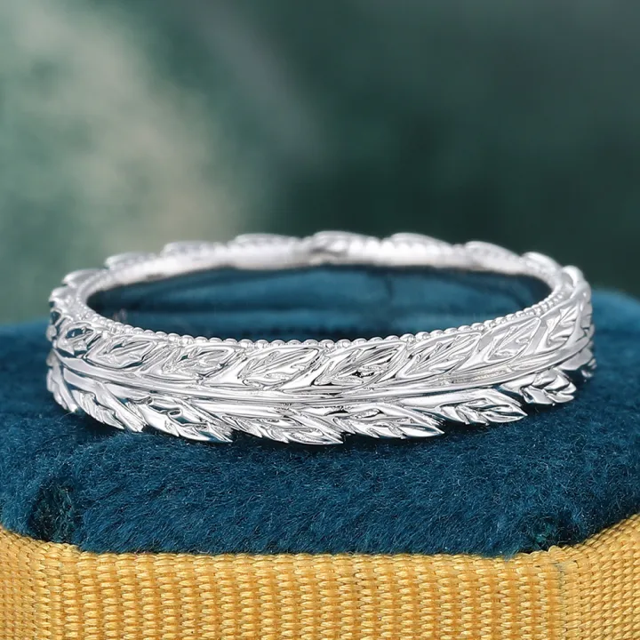 3.5mm Leaf Engrave Wedding Band Plain Gold Ring