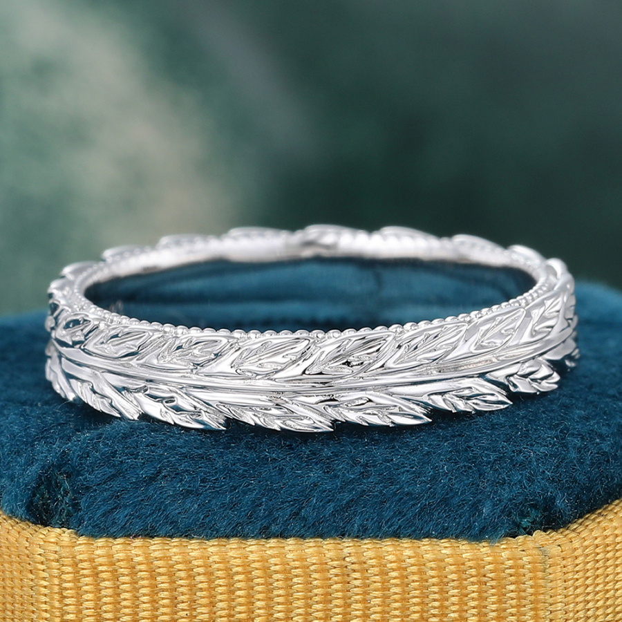 3.5mm Leaf Engrave Wedding Band Plain Gold Ring