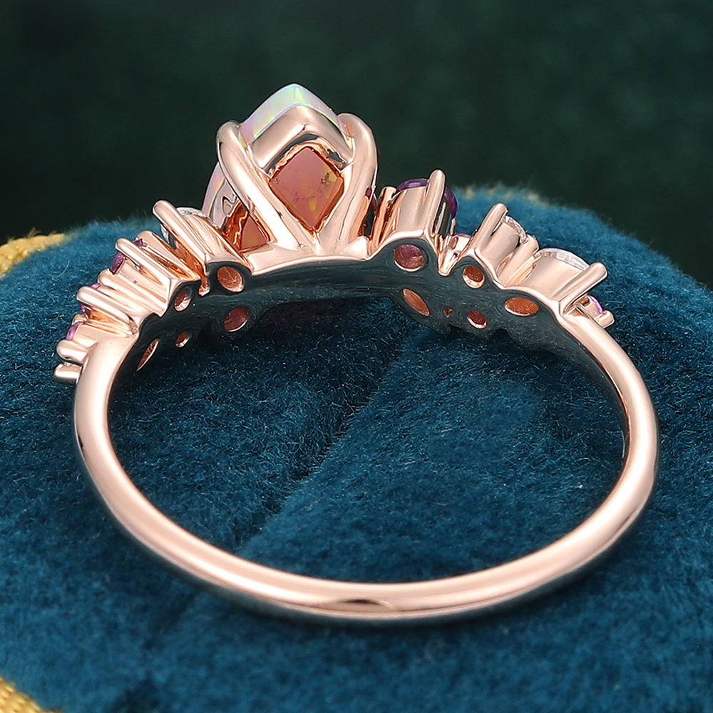 Juyoyo Pear Shaped Pink Opal Engagement Ring Sapphire Amethyst Moissanite Accents Wedding Ring
