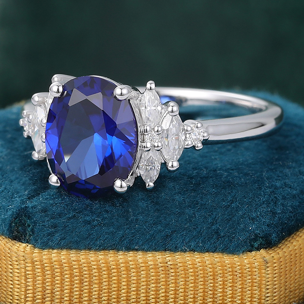 Juyoyo Oval Cut Lab Grown Blue Sapphire Engagement Ring