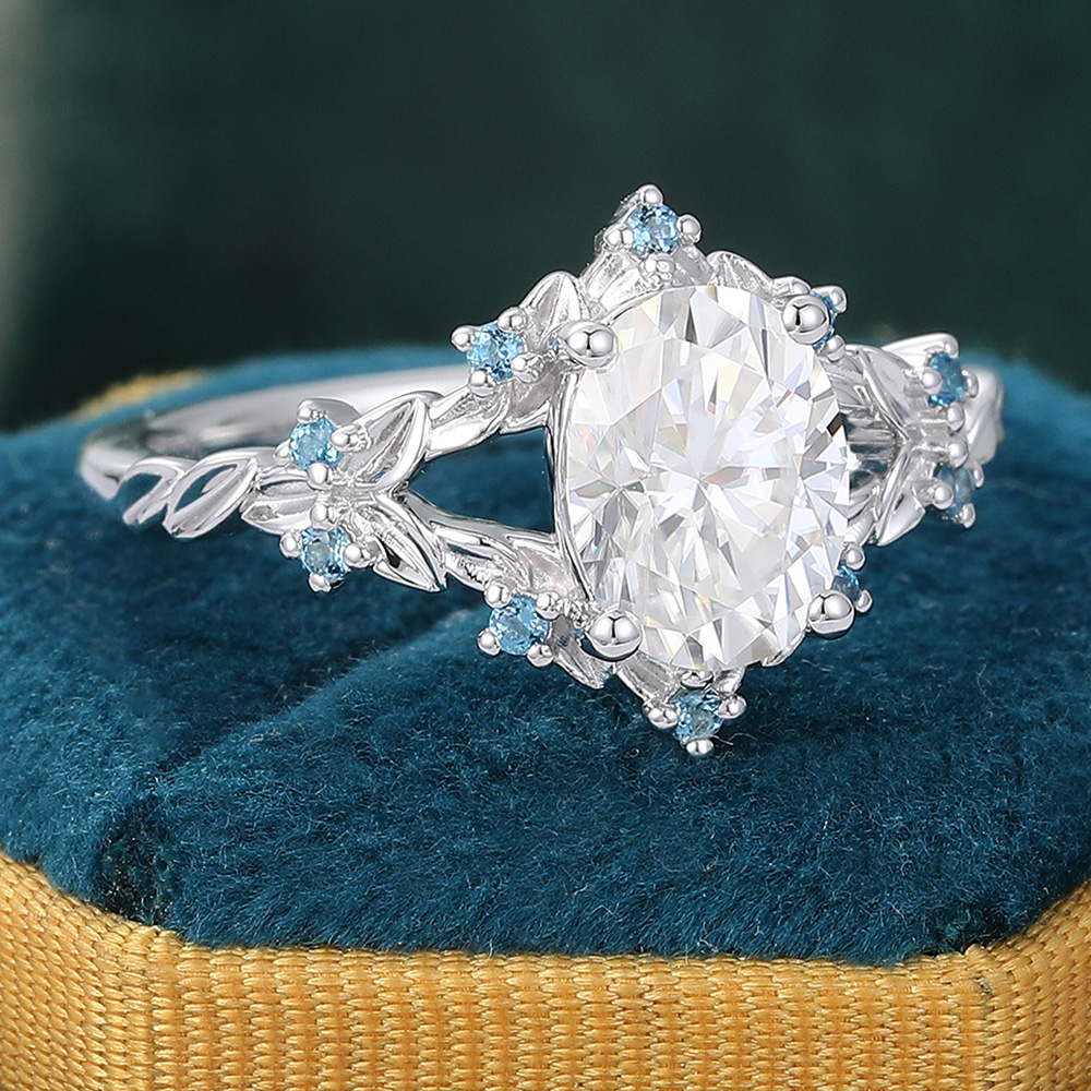 Juyoyo Oval Moissanite Engagement Ring Olive Leaves London Blue Topaz Accents Bridal Ring