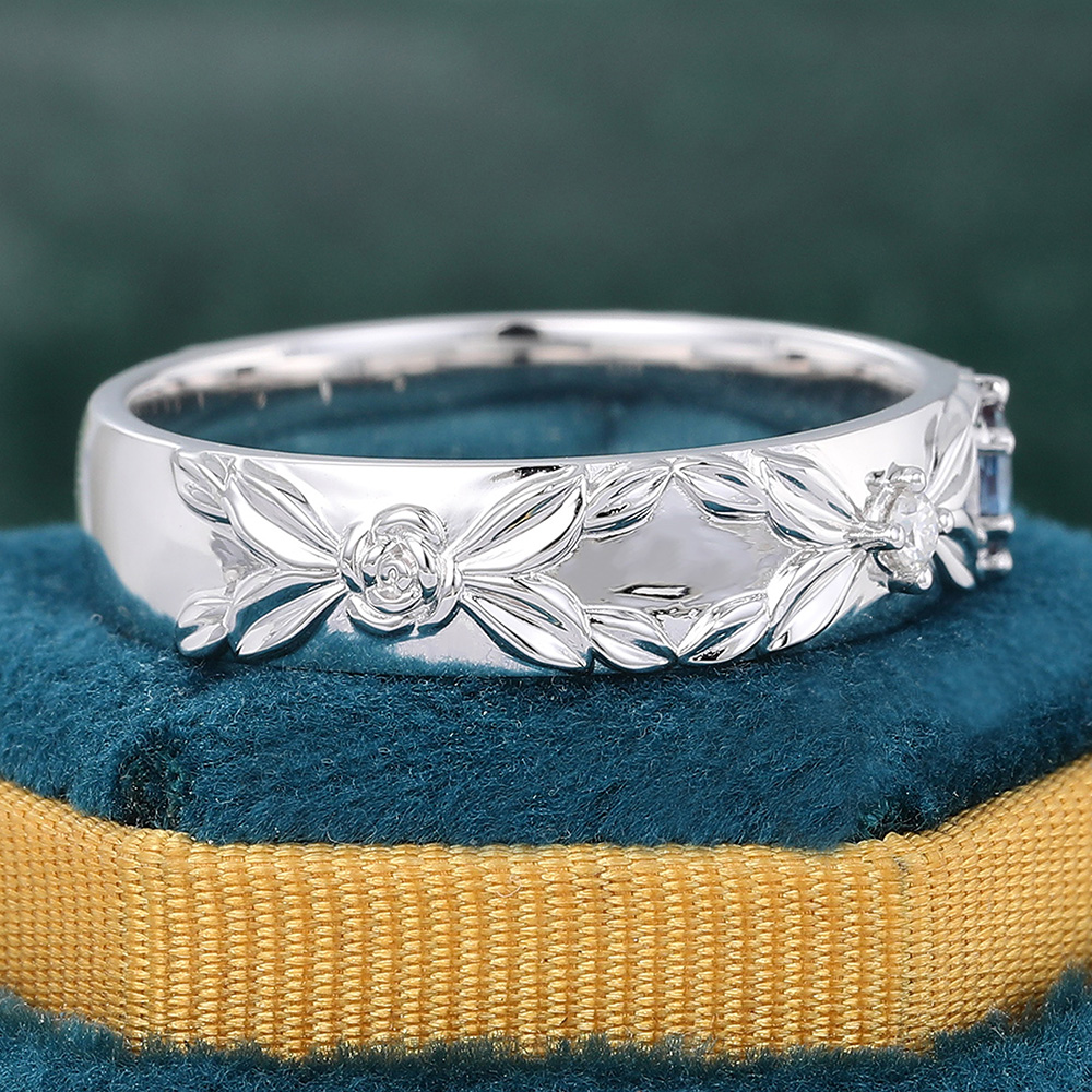 Juyoyo Verdure Alexandrite and Moissanite Wedding Band S925 Leaf Nature Inspired Stacking Ring