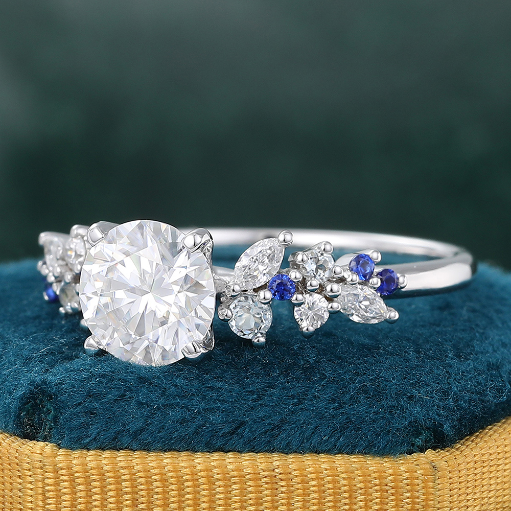 Juyoyo Round Moissanite Cluster Engagement Ring with Sapphire & Aquamarine & Diamond Accents 