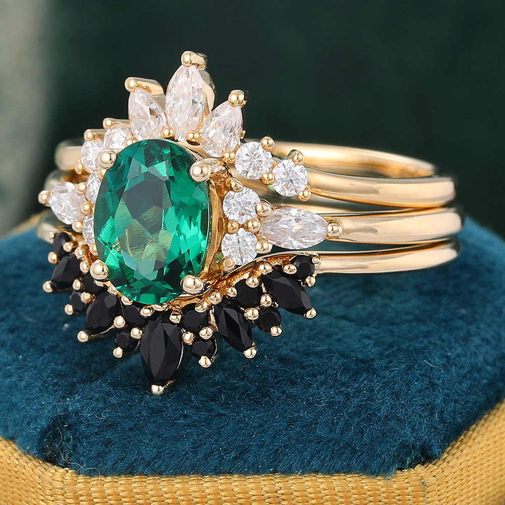 Juyoyo Emerald Wedding Ring Set Gold Vintage Diamond Ring Black Onyx Stack Wedding Band - 3pcs