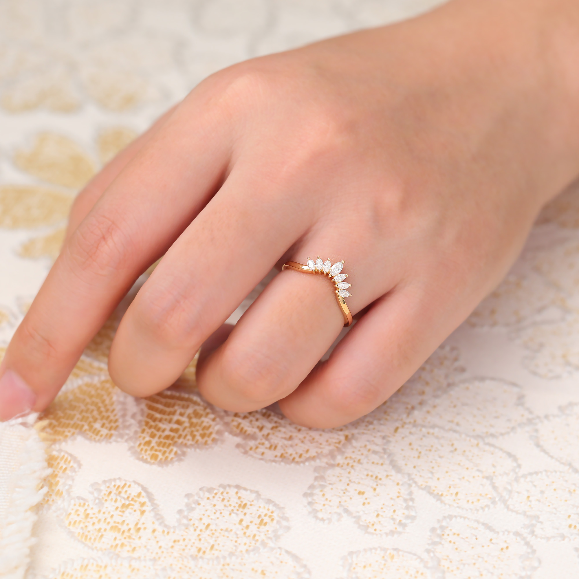 Juyoyo Unique Marquise Cut Moissanite Curved Wedding Band Yellow Gold Diamond Stacking Ring for Women