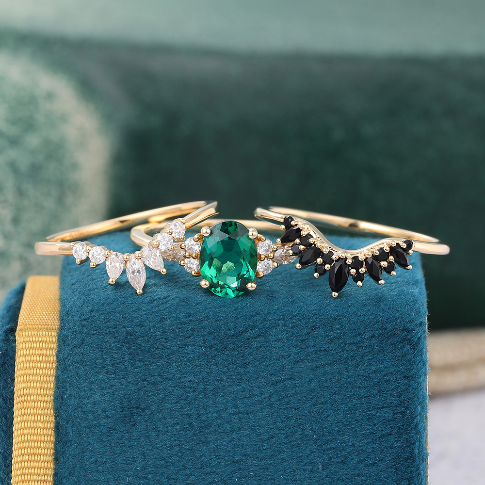 Juyoyo Emerald Wedding Ring Set Gold Vintage Diamond Ring Black Onyx Stack Wedding Band - 3pcs
