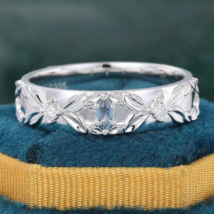 Verdure Alexandrite and Moissanite Wedding Band S925 Leaf Nature Inspired Stacking Ring