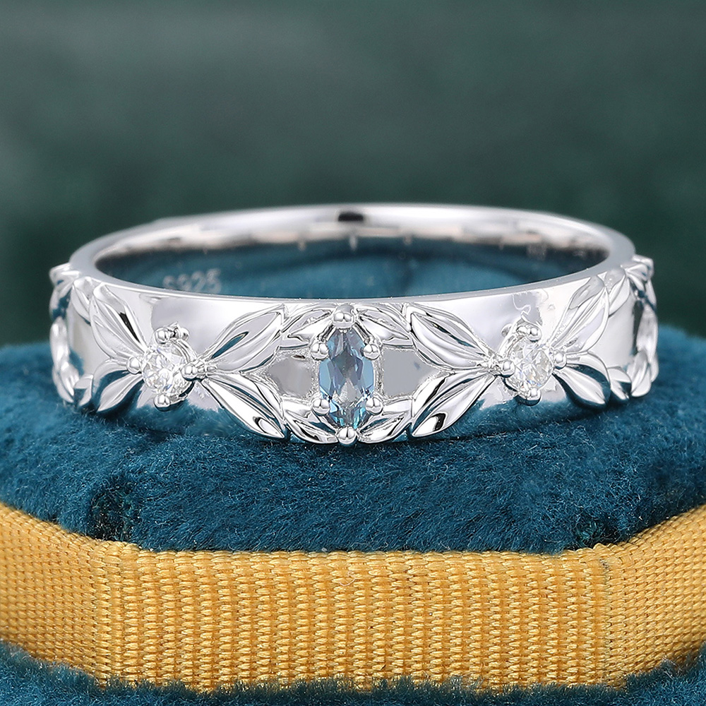 Juyoyo Verdure Alexandrite and Moissanite Wedding Band S925 Leaf Nature Inspired Stacking Ring