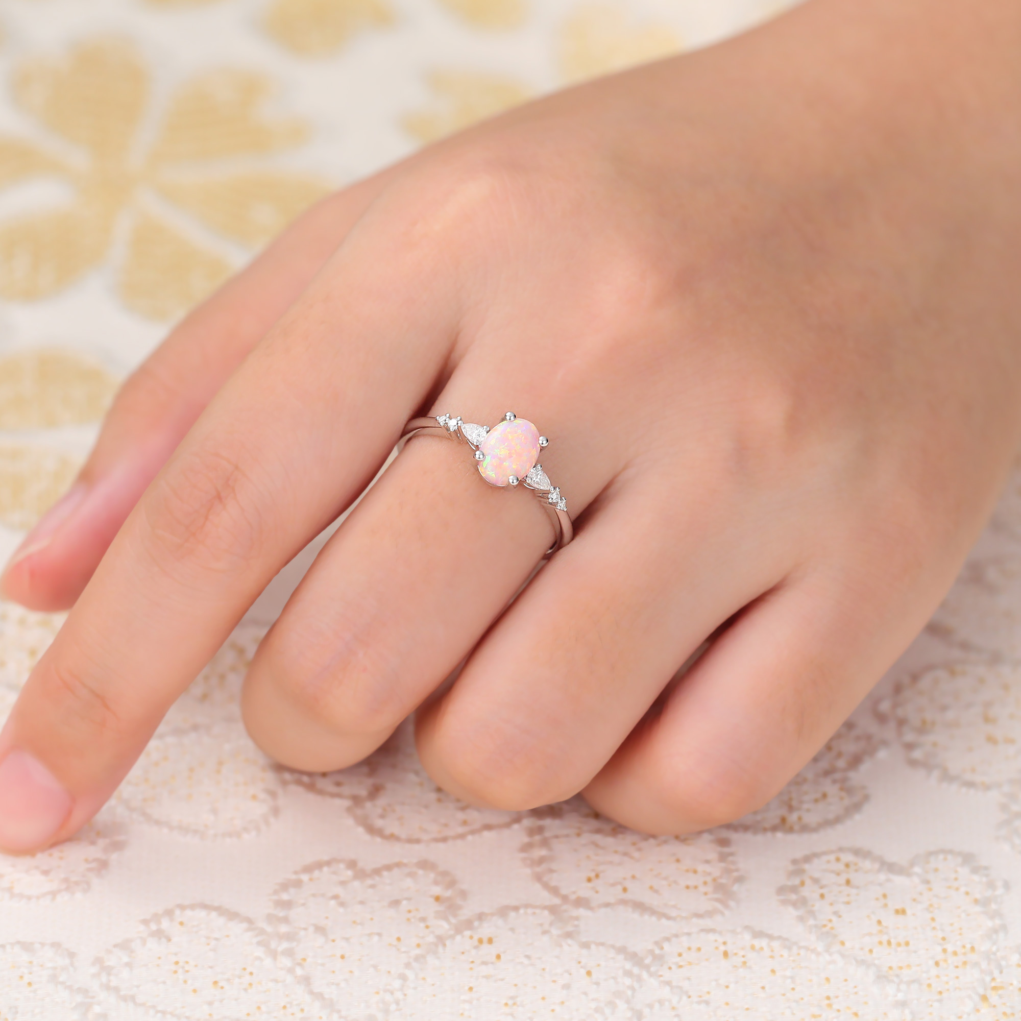 Juyoyo Simple 6*8mm Oval Cut Lab Pink Opal Engagement Ring with Diamond Accents