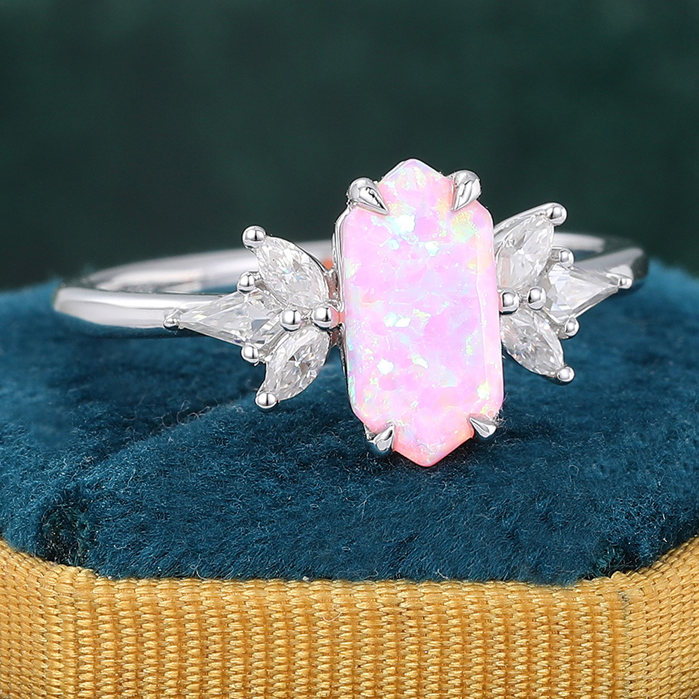 Juyoyo Long Hexagon Cut Pink Opal Engagement Ring Vintage Wedding Ring 14K White Gold