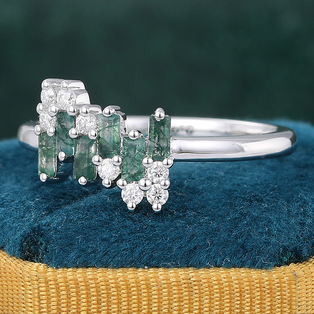 Baguette Cut Moss Agate & Round Diamond Wedding Ring Unique Cluster Ring