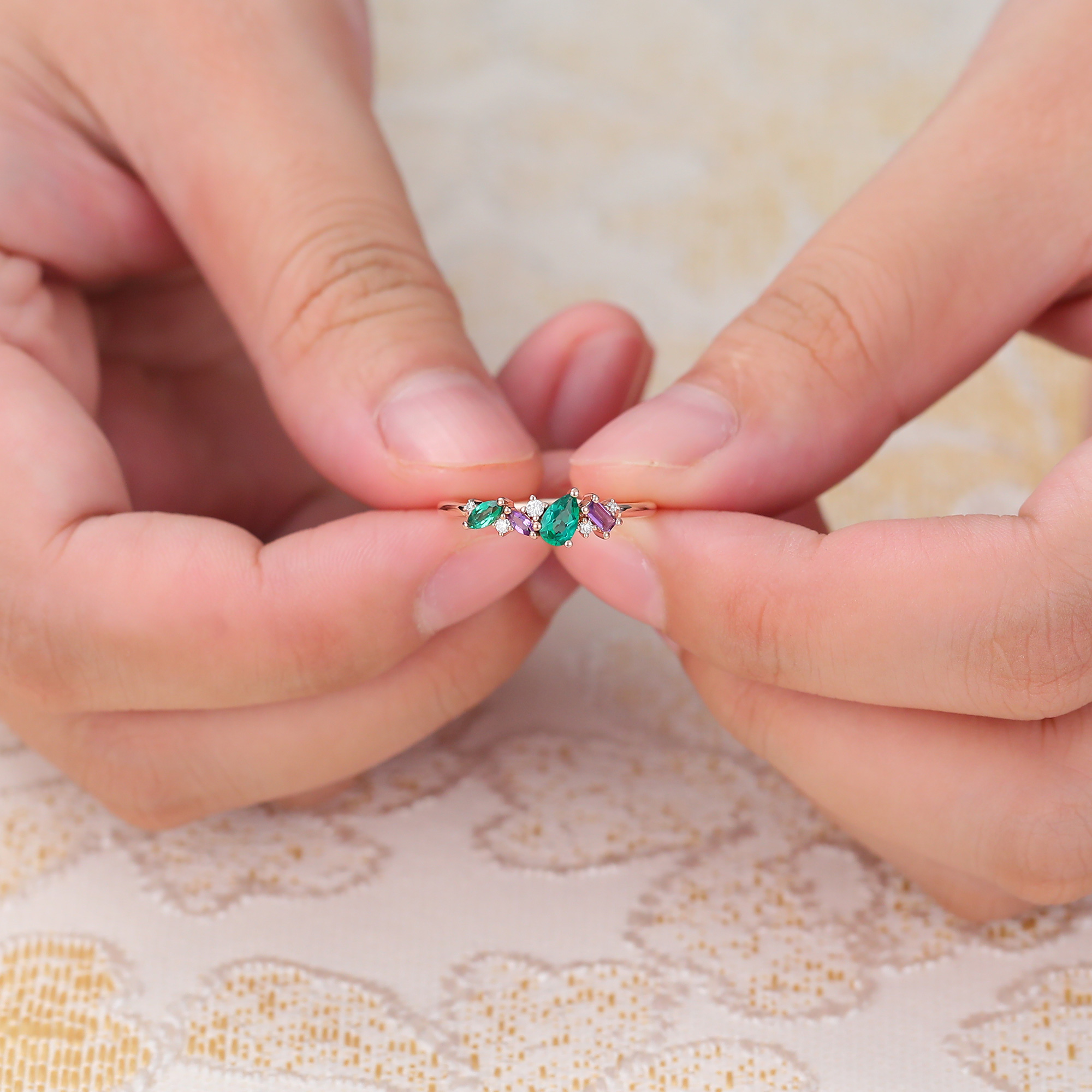Rose Gold Emerald and Amethyst Ring Vintage Bridal Ring