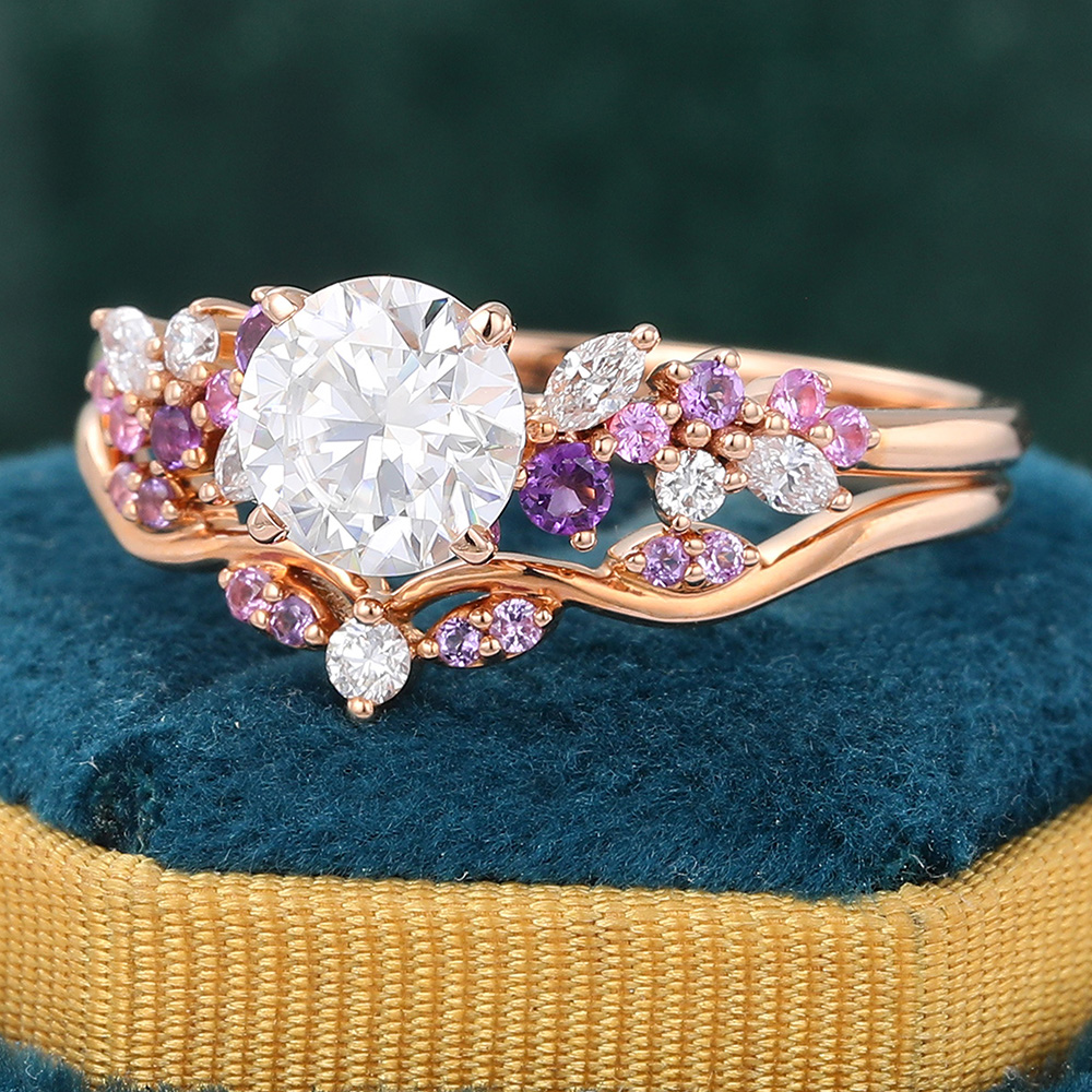 Juyoyo Vintage Moissanite Bridal Ring Set Rose Gold Amethyst Sapphire Cluster Wedding Ring Set - 2pcs