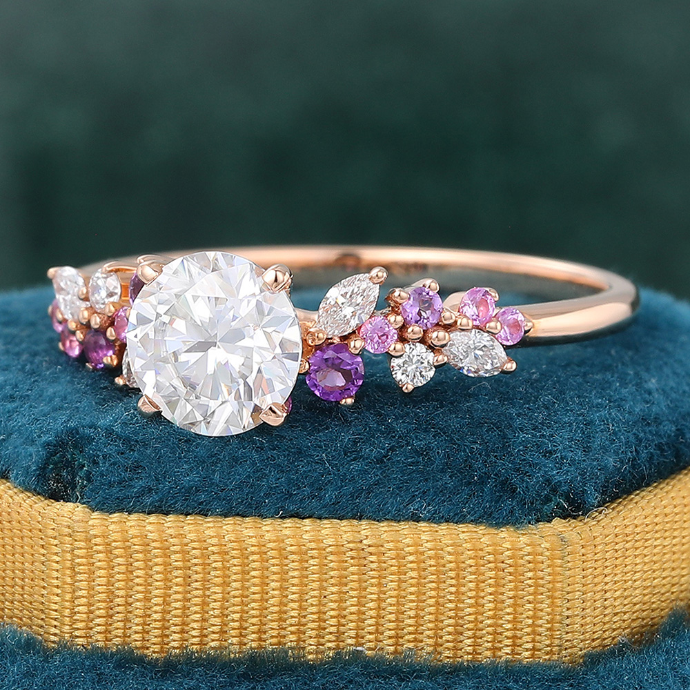 Juyoyo Round Cut Moissanite Engagement Ring Rose Gold Amethyst Sapphire Cluster Bridal Ring