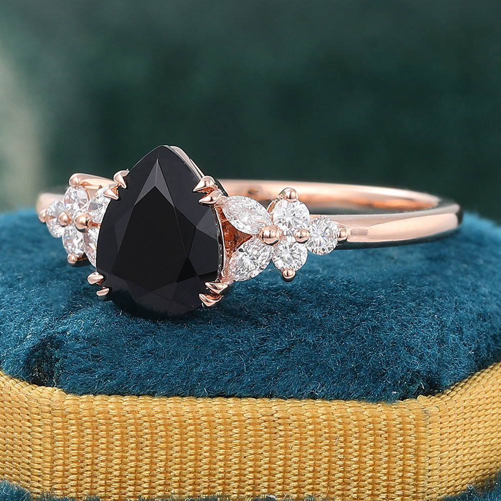 Pear Shaped Black Onyx Engagement Ring Diamond Cluster Ring