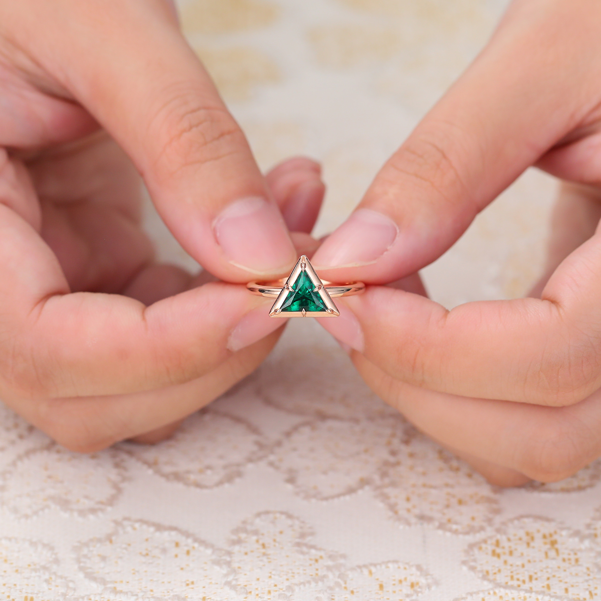 Triangle Cut Emerald Engagement Ring
