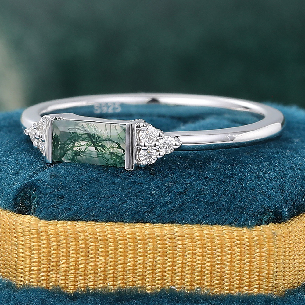 Minimalist Baguette Cut Moss Agate East-West Set Engagement Ring with Diamond Accents