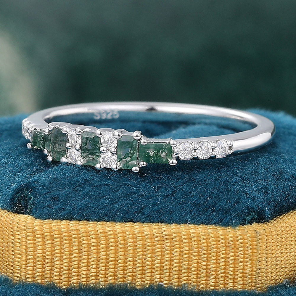 Minimalist Moss Agate and Diamond Wedding Ring Stacking Ring In 925 Sterling Silver